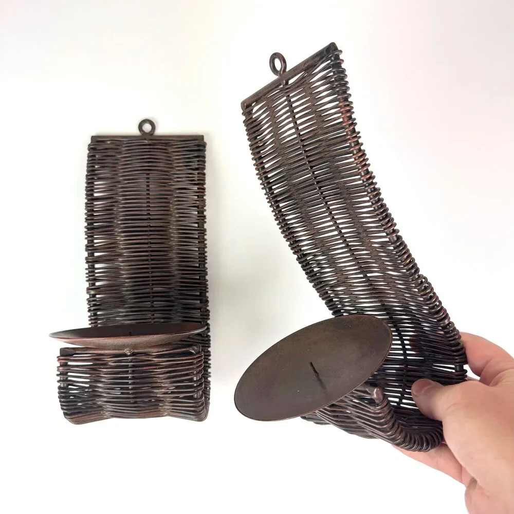 Vintage Pair of Woven Metal Candle Holder Wall Sconces / Rustic Brutalist Decor
